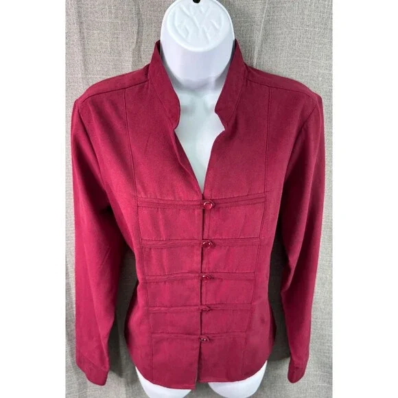 Dress Barn Women's Sueded Button Down Shirt Size M Red Asian Style Military - Picture 3 of 9